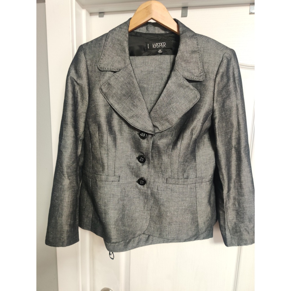 Kasper Petite 2 Piece Pant Suit Grey Linen Cotton Blend Blazer Trousers 14P - Picture 3 of 9